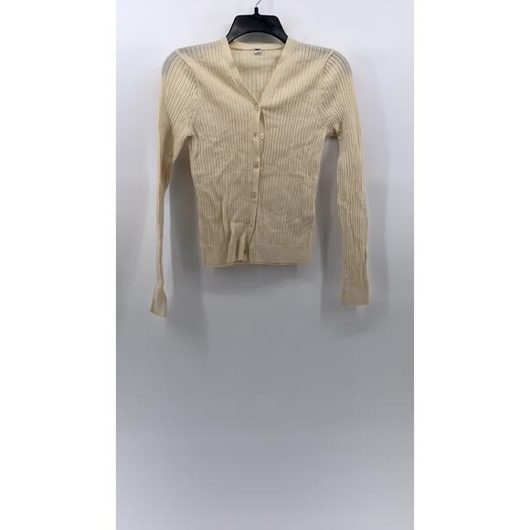 UNIQLO Women's Off-White Ribbed V-Neck Long Sleeve Button-Up Cardigan SZ M - Picture 1 of 9